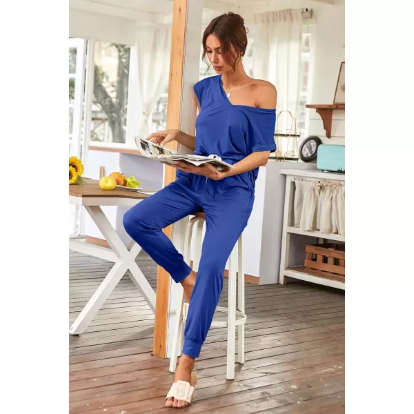 imagePRETTYGARDEN Womens Two Piece Tracksuit V Neck Short Sleeve Tops Long Pants With Drawstring Outfits Jogger SetsDenim Blue