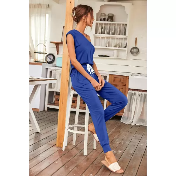imagePRETTYGARDEN Womens Two Piece Tracksuit V Neck Short Sleeve Tops Long Pants With Drawstring Outfits Jogger SetsDenim Blue