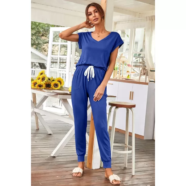 imagePRETTYGARDEN Womens Two Piece Tracksuit V Neck Short Sleeve Tops Long Pants With Drawstring Outfits Jogger SetsDenim Blue