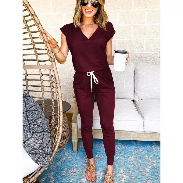 imagePRETTYGARDEN Womens Two Piece Tracksuit V Neck Short Sleeve Tops Long Pants With Drawstring Outfits Jogger SetsJujube Red
