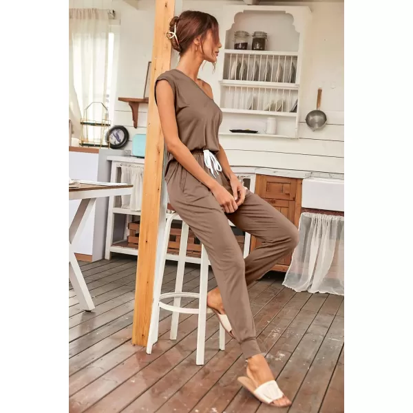 imagePRETTYGARDEN Womens Two Piece Tracksuit V Neck Short Sleeve Tops Long Pants With Drawstring Outfits Jogger SetsKhaki
