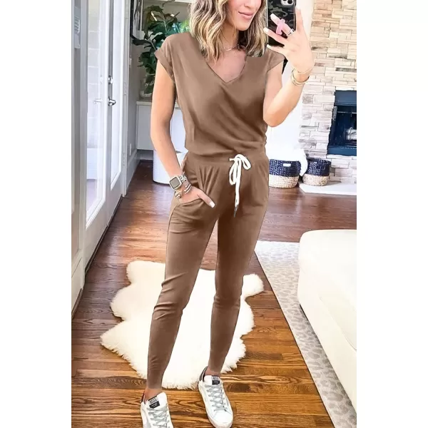imagePRETTYGARDEN Womens Two Piece Tracksuit V Neck Short Sleeve Tops Long Pants With Drawstring Outfits Jogger SetsKhaki