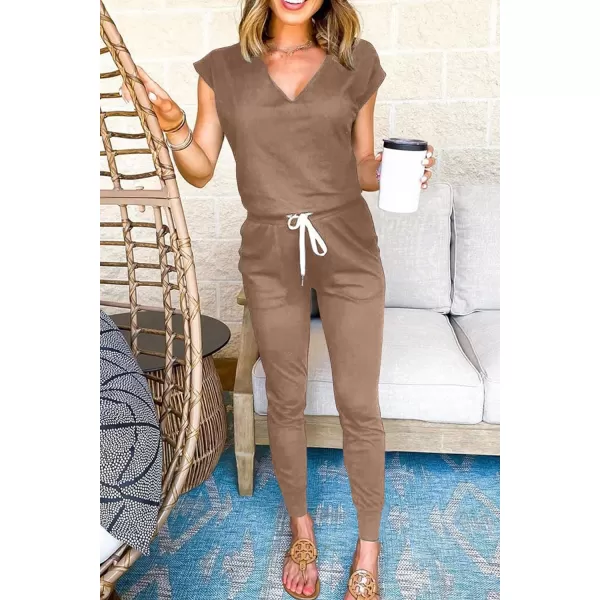 imagePRETTYGARDEN Womens Two Piece Tracksuit V Neck Short Sleeve Tops Long Pants With Drawstring Outfits Jogger SetsKhaki
