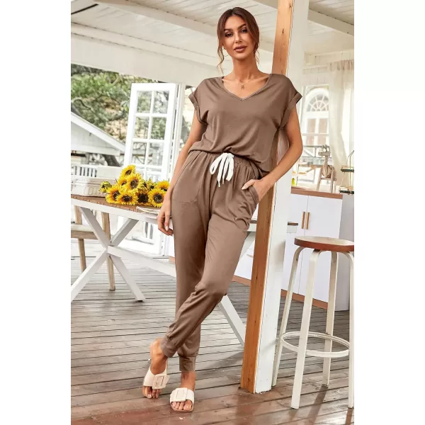 imagePRETTYGARDEN Womens Two Piece Tracksuit V Neck Short Sleeve Tops Long Pants With Drawstring Outfits Jogger SetsKhaki