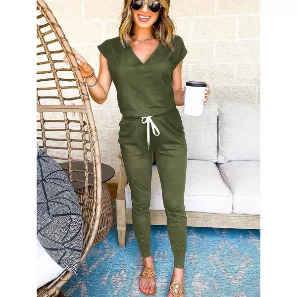imagePRETTYGARDEN Womens Two Piece Tracksuit V Neck Short Sleeve Tops Long Pants With Drawstring Outfits Jogger SetsLight Army Green
