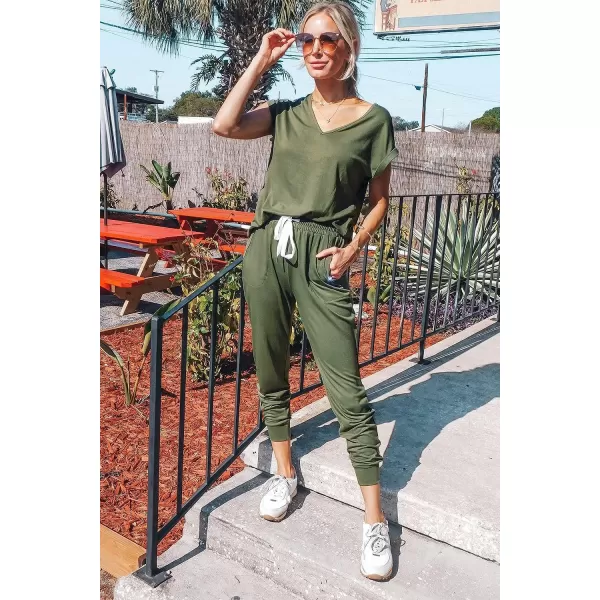 imagePRETTYGARDEN Womens Two Piece Tracksuit V Neck Short Sleeve Tops Long Pants With Drawstring Outfits Jogger SetsLight Army Green
