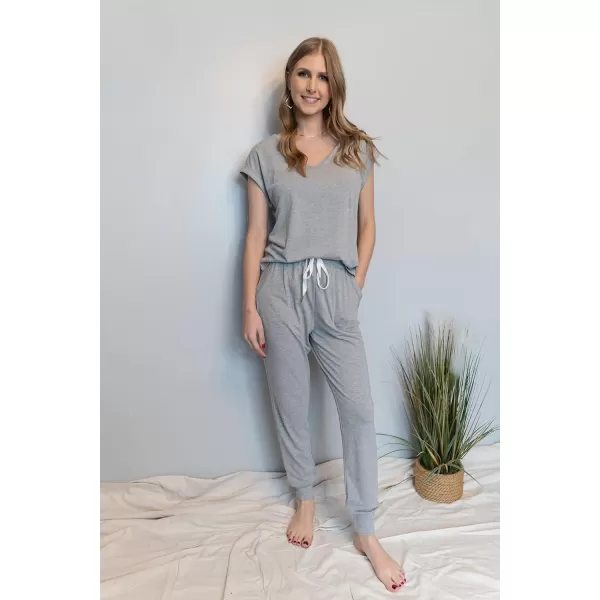 imagePRETTYGARDEN Womens Two Piece Tracksuit V Neck Short Sleeve Tops Long Pants With Drawstring Outfits Jogger SetsLight Grey