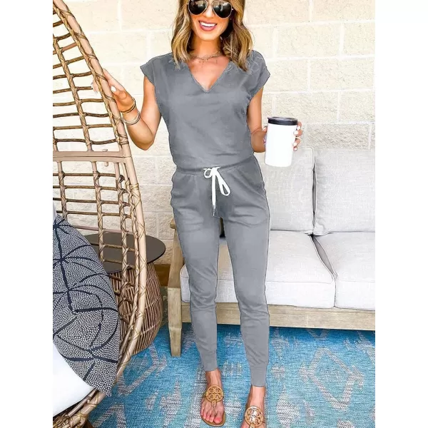 imagePRETTYGARDEN Womens Two Piece Tracksuit V Neck Short Sleeve Tops Long Pants With Drawstring Outfits Jogger SetsLight Grey