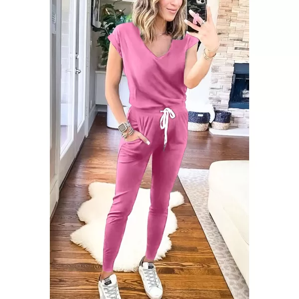 imagePRETTYGARDEN Womens Two Piece Tracksuit V Neck Short Sleeve Tops Long Pants With Drawstring Outfits Jogger SetsPink