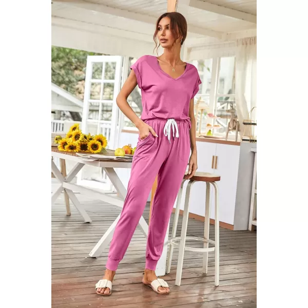 imagePRETTYGARDEN Womens Two Piece Tracksuit V Neck Short Sleeve Tops Long Pants With Drawstring Outfits Jogger SetsPink