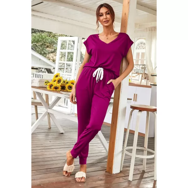 imagePRETTYGARDEN Womens Two Piece Tracksuit V Neck Short Sleeve Tops Long Pants With Drawstring Outfits Jogger SetsPurple