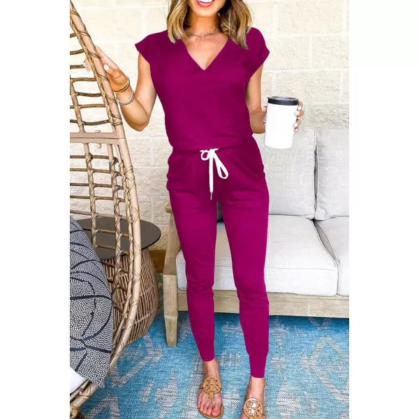 imagePRETTYGARDEN Womens Two Piece Tracksuit V Neck Short Sleeve Tops Long Pants With Drawstring Outfits Jogger SetsPurple