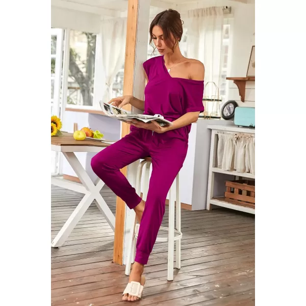 imagePRETTYGARDEN Womens Two Piece Tracksuit V Neck Short Sleeve Tops Long Pants With Drawstring Outfits Jogger SetsPurple