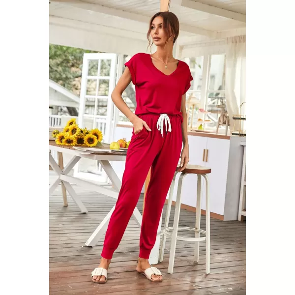 imagePRETTYGARDEN Womens Two Piece Tracksuit V Neck Short Sleeve Tops Long Pants With Drawstring Outfits Jogger SetsRed
