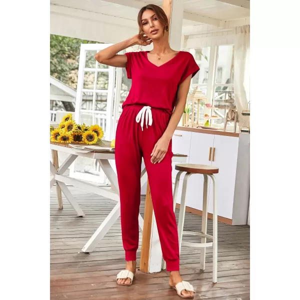 imagePRETTYGARDEN Womens Two Piece Tracksuit V Neck Short Sleeve Tops Long Pants With Drawstring Outfits Jogger SetsRed