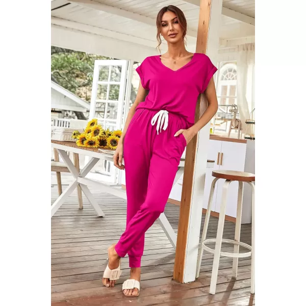 imagePRETTYGARDEN Womens Two Piece Tracksuit V Neck Short Sleeve Tops Long Pants With Drawstring Outfits Jogger SetsRose Red
