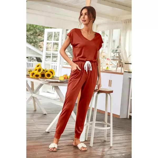 imagePRETTYGARDEN Womens Two Piece Tracksuit V Neck Short Sleeve Tops Long Pants With Drawstring Outfits Jogger SetsRust Red