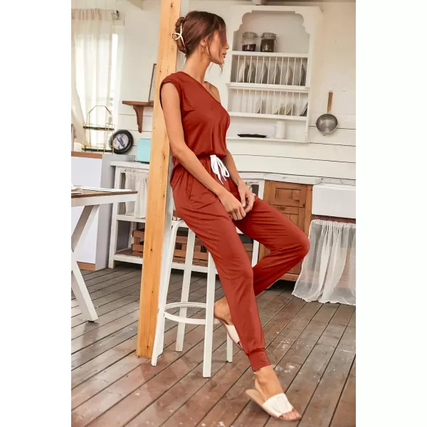 imagePRETTYGARDEN Womens Two Piece Tracksuit V Neck Short Sleeve Tops Long Pants With Drawstring Outfits Jogger SetsRust Red