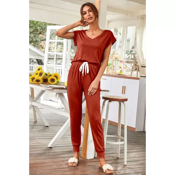 imagePRETTYGARDEN Womens Two Piece Tracksuit V Neck Short Sleeve Tops Long Pants With Drawstring Outfits Jogger SetsRust Red