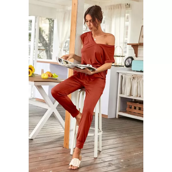 imagePRETTYGARDEN Womens Two Piece Tracksuit V Neck Short Sleeve Tops Long Pants With Drawstring Outfits Jogger SetsRust Red