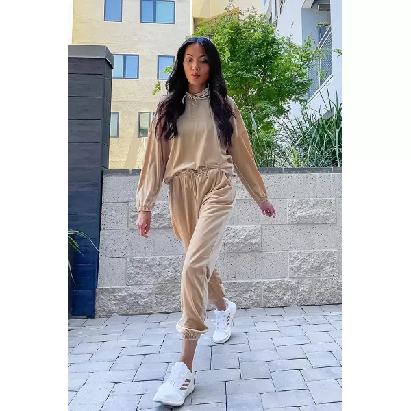 imagePRETTYGARDEN Womens Velour Tracksuits Set Hooded Pullover Sweatpants Long Sleeve 2 Piece Joggers OutfitsApricot