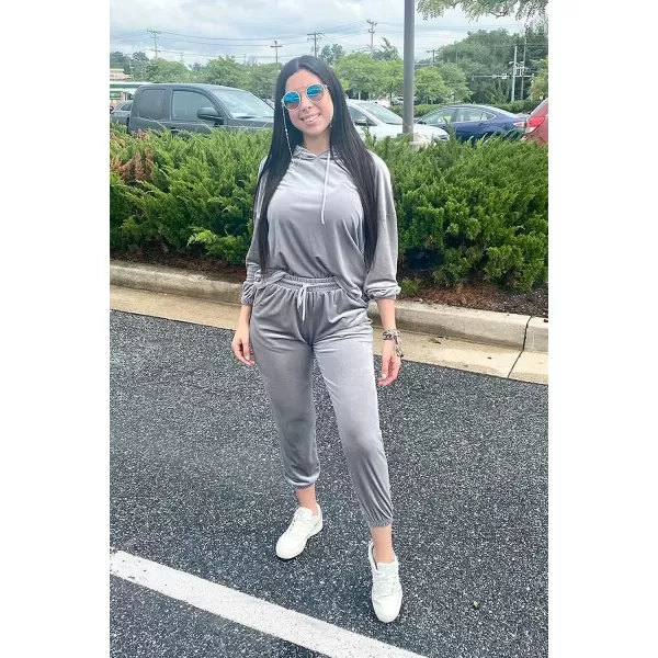 imagePRETTYGARDEN Womens Velour Tracksuits Set Hooded Pullover Sweatpants Long Sleeve 2 Piece Joggers OutfitsGray