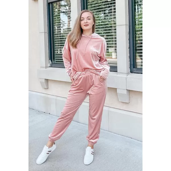 imagePRETTYGARDEN Womens Velour Tracksuits Set Hooded Pullover Sweatpants Long Sleeve 2 Piece Joggers OutfitsPink