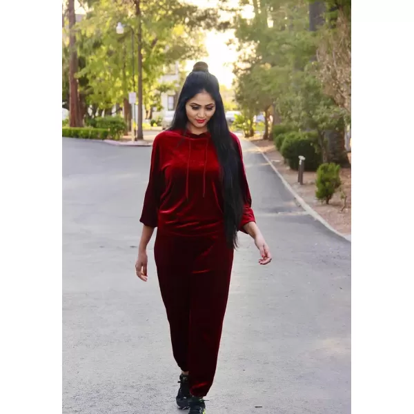 imagePRETTYGARDEN Womens Velour Tracksuits Set Hooded Pullover Sweatpants Long Sleeve 2 Piece Joggers OutfitsWine Red