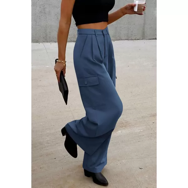 imagePRETTYGARDEN Womens Wide Leg Cargo Pants High Waist Business Casual Trousers Pant with PocketsBlue