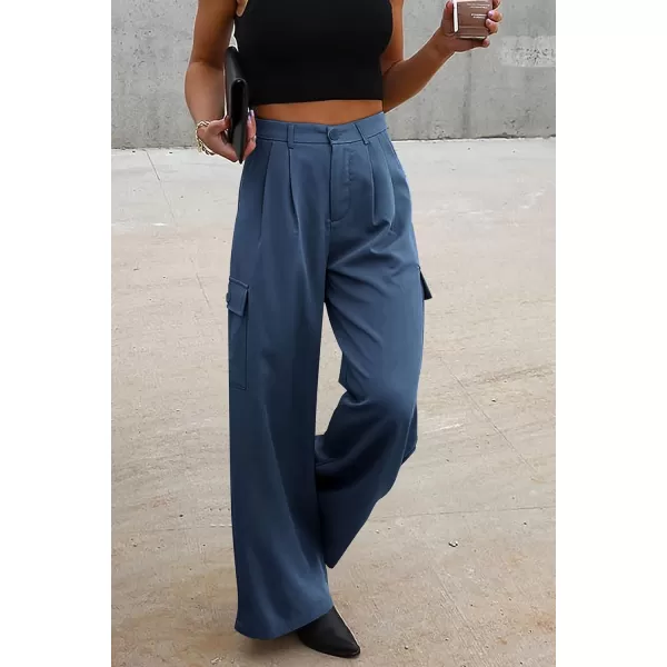 imagePRETTYGARDEN Womens Wide Leg Cargo Pants High Waist Business Casual Trousers Pant with PocketsBlue