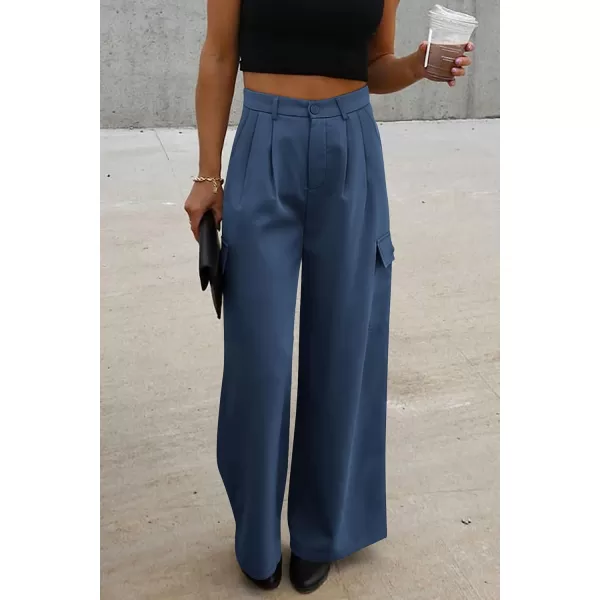 imagePRETTYGARDEN Womens Wide Leg Cargo Pants High Waist Business Casual Trousers Pant with PocketsBlue
