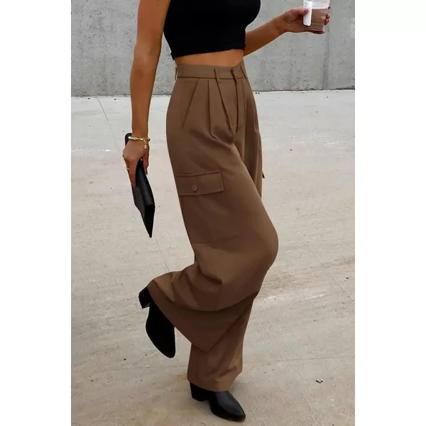 imagePRETTYGARDEN Womens Wide Leg Cargo Pants High Waist Business Casual Trousers Pant with PocketsBrown