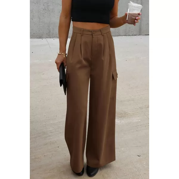 imagePRETTYGARDEN Womens Wide Leg Cargo Pants High Waist Business Casual Trousers Pant with PocketsBrown