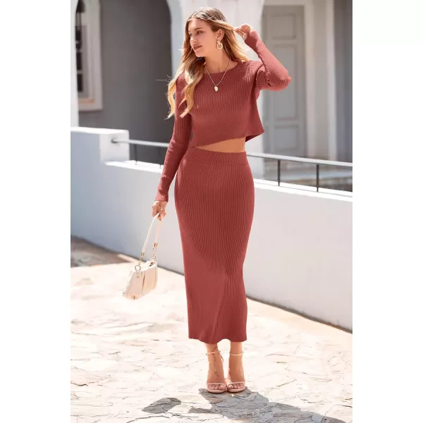 imagePRETTYGARDEN Womens Winter 2 Piece Sweater Set Rib Knit Long Sleeve Crop Top Maxi Bodycon Skirt Casual OutfitsBrick Red