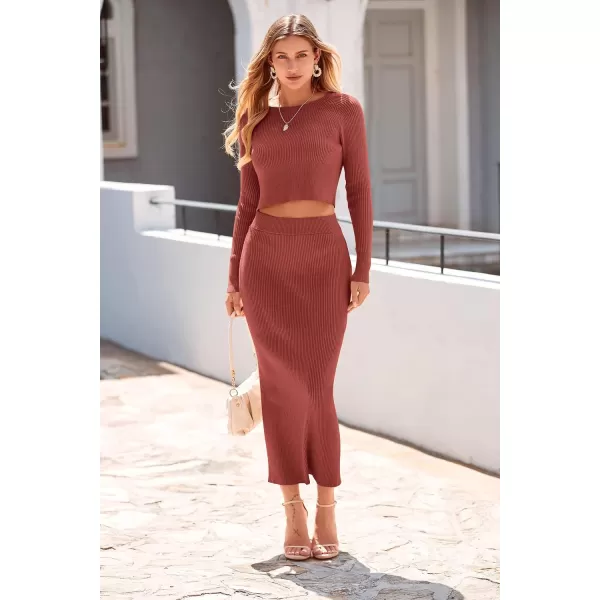 imagePRETTYGARDEN Womens Winter 2 Piece Sweater Set Rib Knit Long Sleeve Crop Top Maxi Bodycon Skirt Casual OutfitsBrick Red