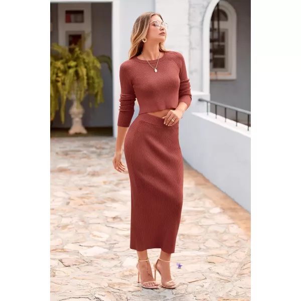 imagePRETTYGARDEN Womens Winter 2 Piece Sweater Set Rib Knit Long Sleeve Crop Top Maxi Bodycon Skirt Casual OutfitsBrick Red