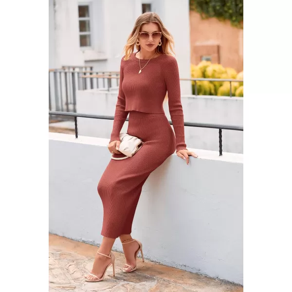 imagePRETTYGARDEN Womens Winter 2 Piece Sweater Set Rib Knit Long Sleeve Crop Top Maxi Bodycon Skirt Casual OutfitsBrick Red