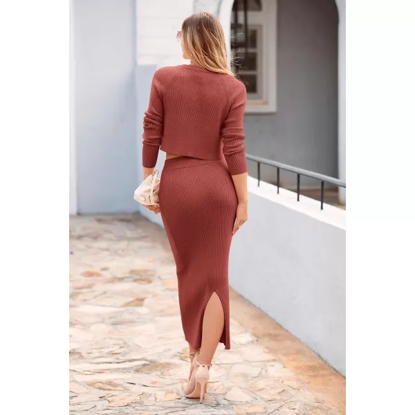 imagePRETTYGARDEN Womens Winter 2 Piece Sweater Set Rib Knit Long Sleeve Crop Top Maxi Bodycon Skirt Casual OutfitsBrick Red