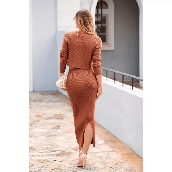 imagePRETTYGARDEN Womens Winter 2 Piece Sweater Set Rib Knit Long Sleeve Crop Top Maxi Bodycon Skirt Casual OutfitsCaramel