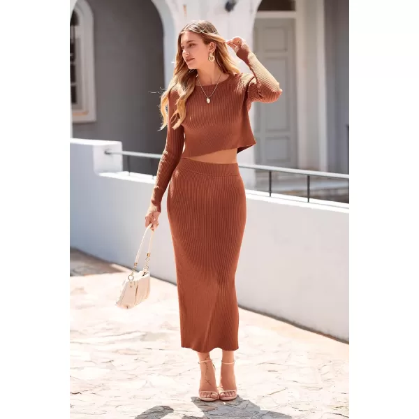 imagePRETTYGARDEN Womens Winter 2 Piece Sweater Set Rib Knit Long Sleeve Crop Top Maxi Bodycon Skirt Casual OutfitsCaramel