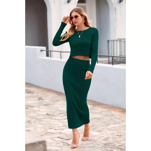 imagePRETTYGARDEN Womens Winter 2 Piece Sweater Set Rib Knit Long Sleeve Crop Top Maxi Bodycon Skirt Casual OutfitsDark Green