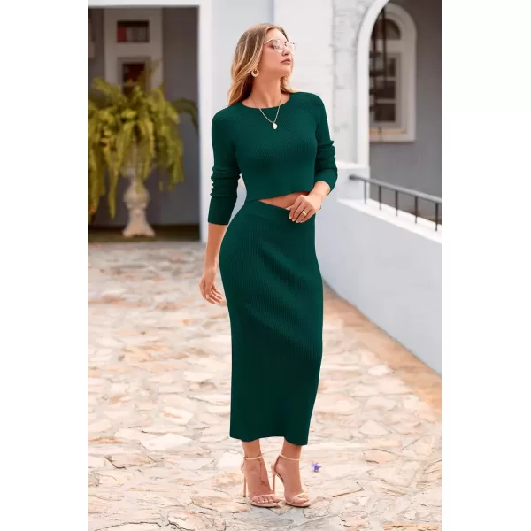 imagePRETTYGARDEN Womens Winter 2 Piece Sweater Set Rib Knit Long Sleeve Crop Top Maxi Bodycon Skirt Casual OutfitsDark Green