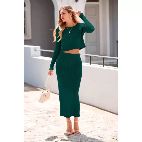 imagePRETTYGARDEN Womens Winter 2 Piece Sweater Set Rib Knit Long Sleeve Crop Top Maxi Bodycon Skirt Casual OutfitsDark Green