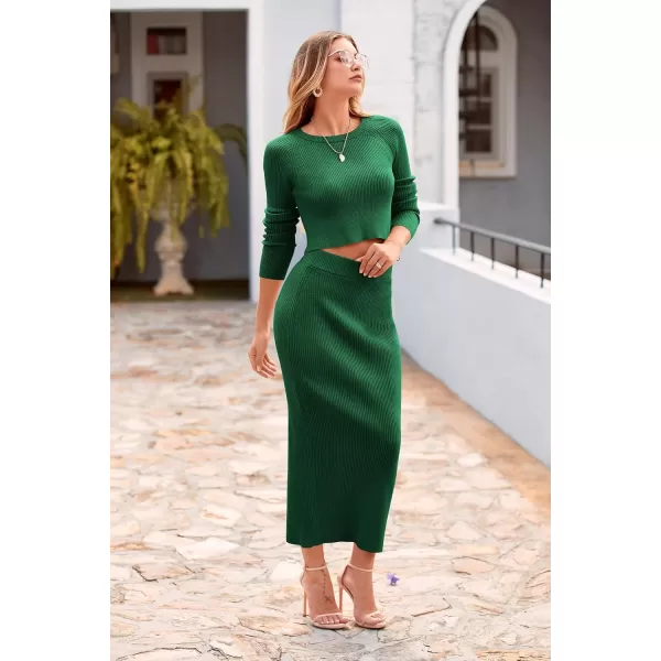 imagePRETTYGARDEN Womens Winter 2 Piece Sweater Set Rib Knit Long Sleeve Crop Top Maxi Bodycon Skirt Casual OutfitsGreen