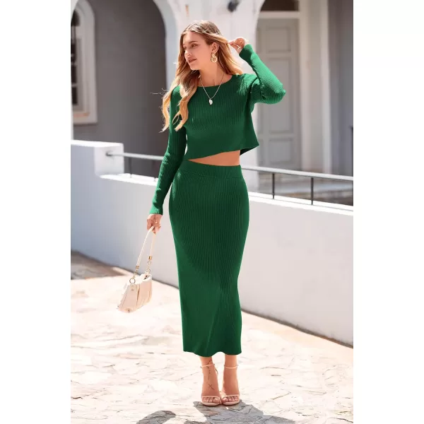 imagePRETTYGARDEN Womens Winter 2 Piece Sweater Set Rib Knit Long Sleeve Crop Top Maxi Bodycon Skirt Casual OutfitsGreen