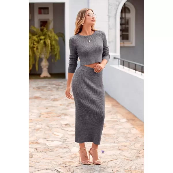 imagePRETTYGARDEN Womens Winter 2 Piece Sweater Set Rib Knit Long Sleeve Crop Top Maxi Bodycon Skirt Casual OutfitsGrey