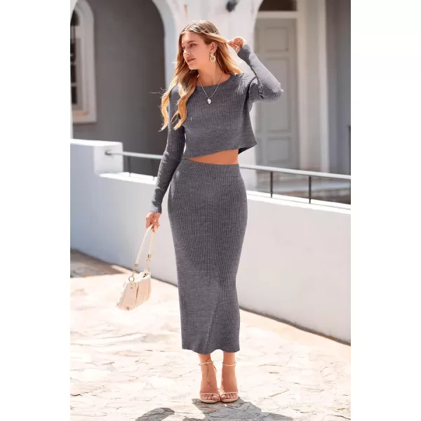 imagePRETTYGARDEN Womens Winter 2 Piece Sweater Set Rib Knit Long Sleeve Crop Top Maxi Bodycon Skirt Casual OutfitsGrey