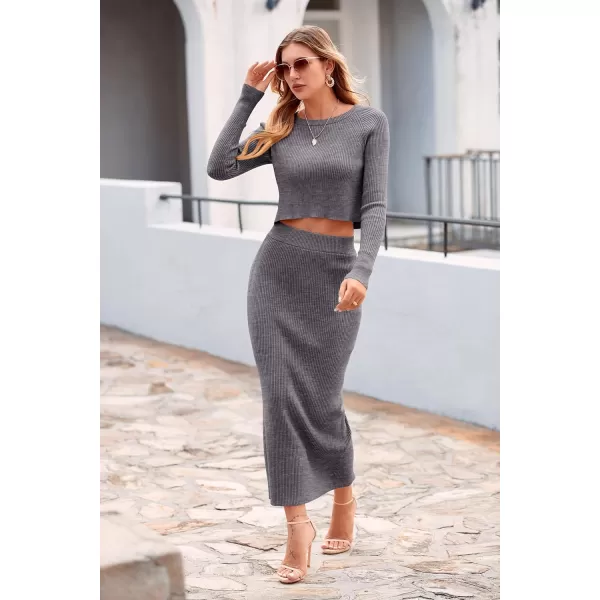 imagePRETTYGARDEN Womens Winter 2 Piece Sweater Set Rib Knit Long Sleeve Crop Top Maxi Bodycon Skirt Casual OutfitsGrey