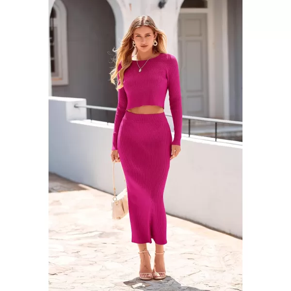imagePRETTYGARDEN Womens Winter 2 Piece Sweater Set Rib Knit Long Sleeve Crop Top Maxi Bodycon Skirt Casual OutfitsRose Red
