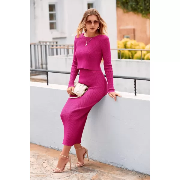 imagePRETTYGARDEN Womens Winter 2 Piece Sweater Set Rib Knit Long Sleeve Crop Top Maxi Bodycon Skirt Casual OutfitsRose Red